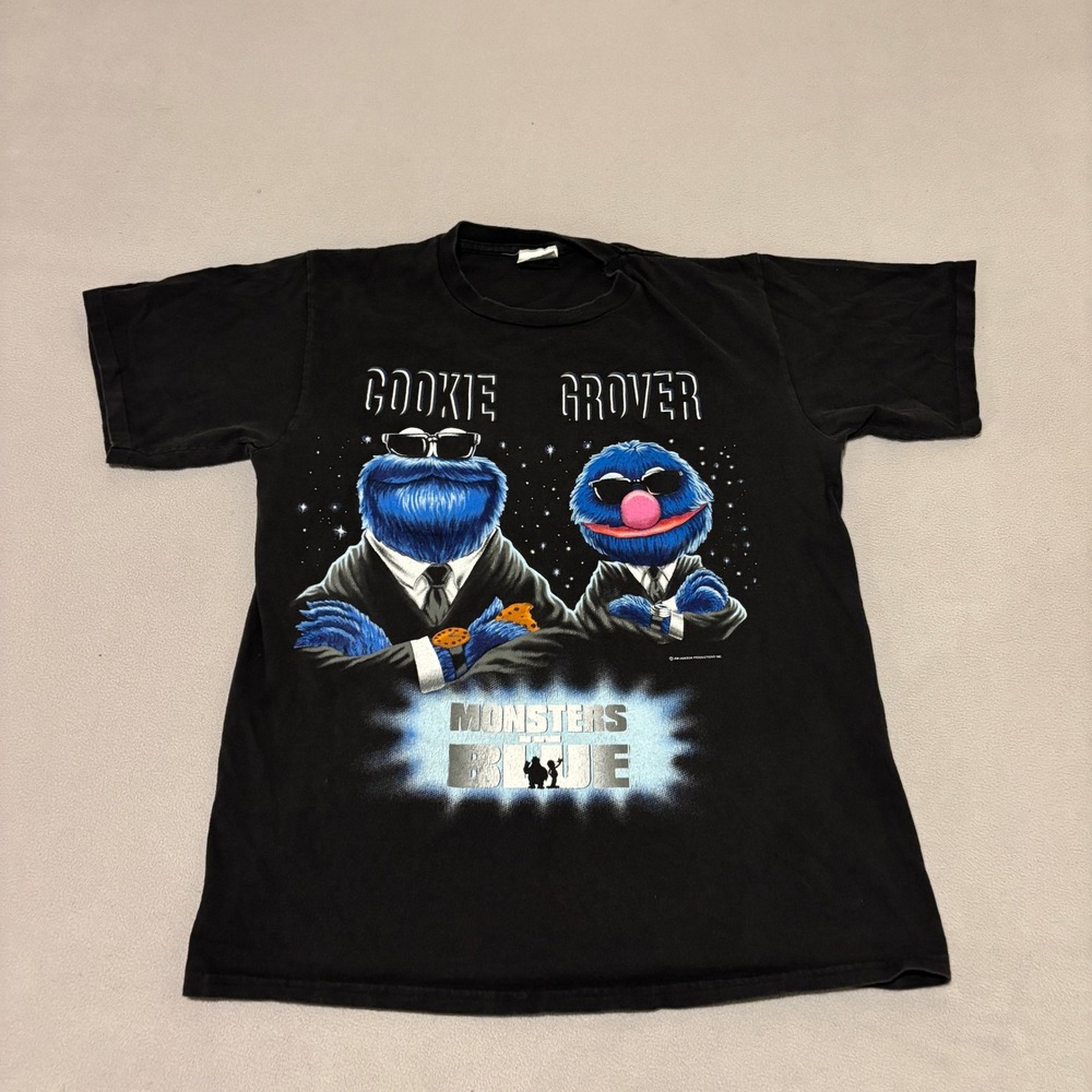 Vintage Sesame Street Monsters in Blue Men in Black Parody Shirt Changes Large